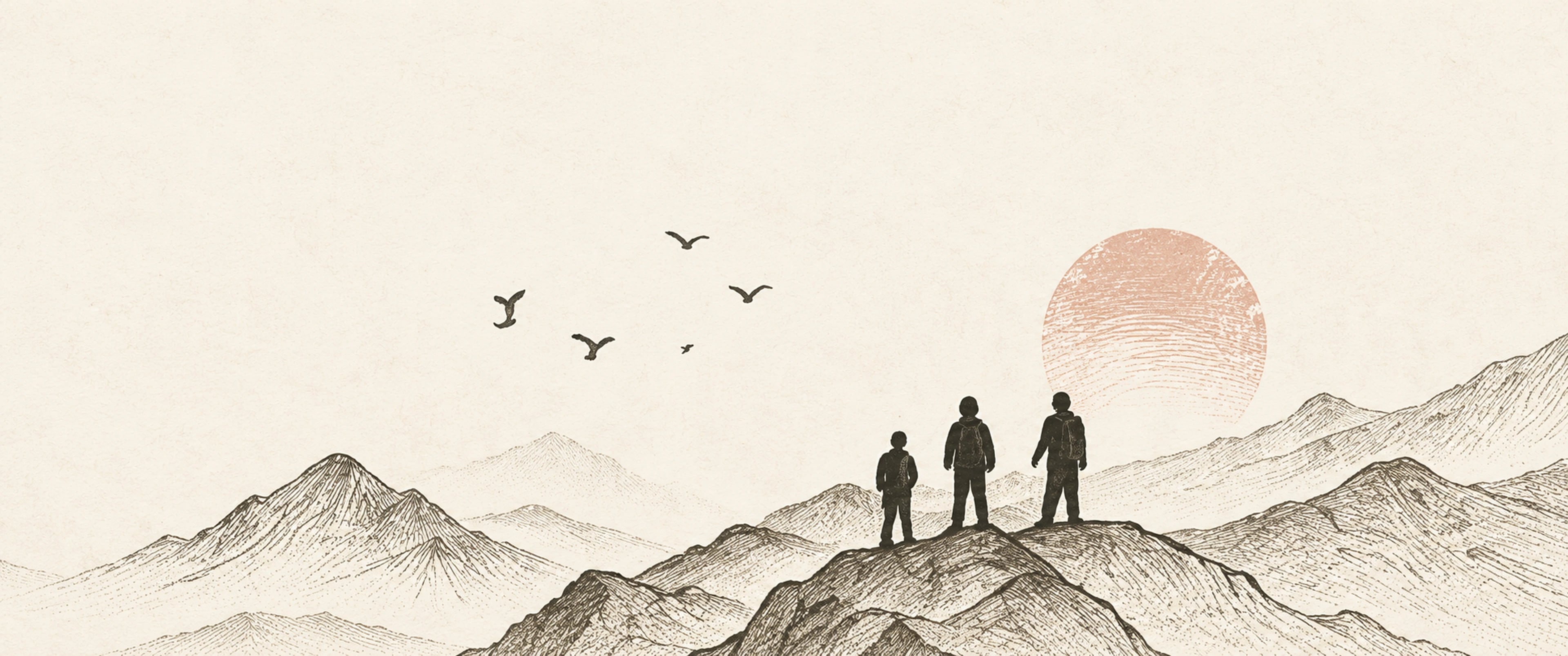 Three human figures look toward a rising sun from a mountain ridge.