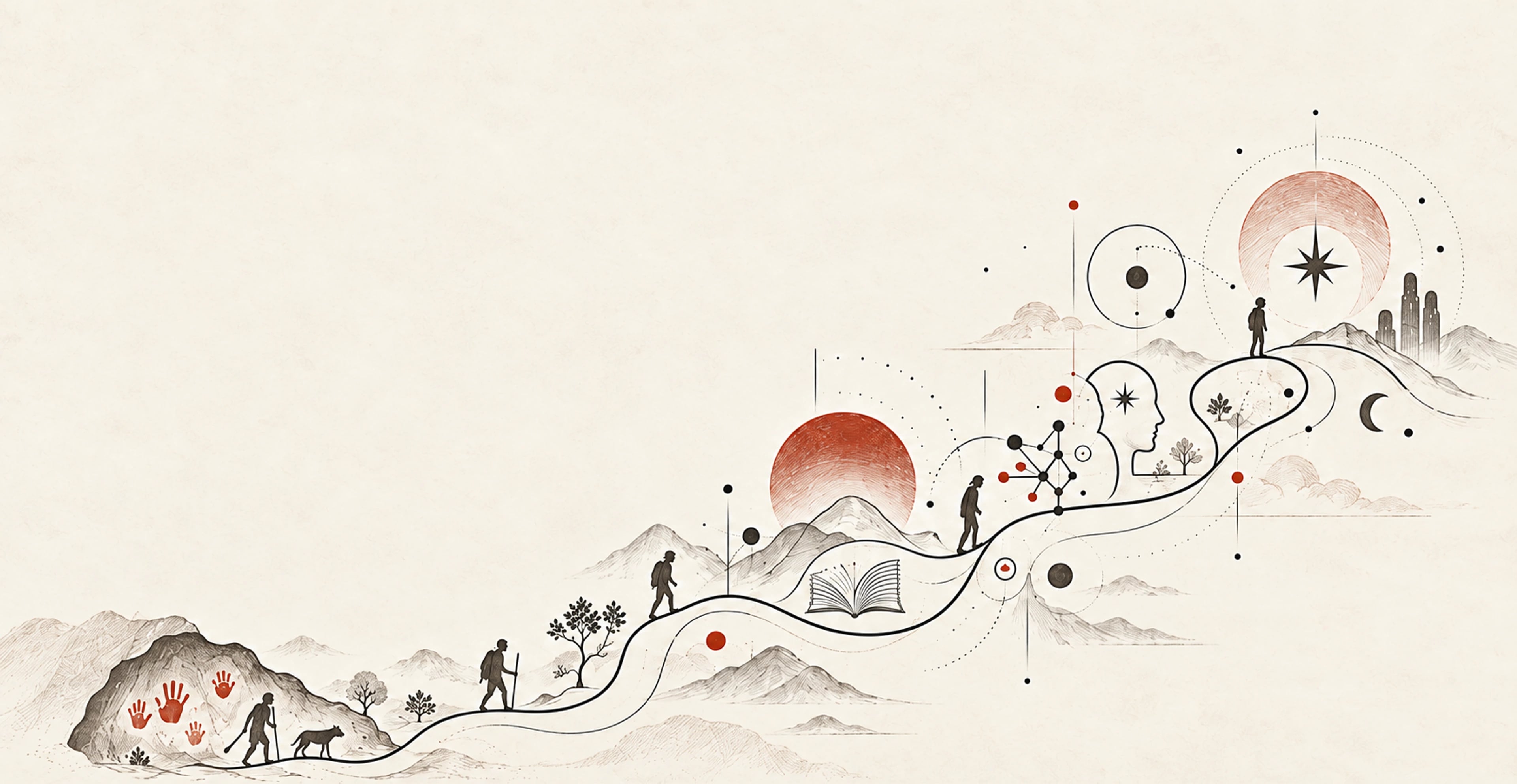 A winding path rises from an ancient hand-painted cave through learning, knowledge, and human evolution toward a more capable future.