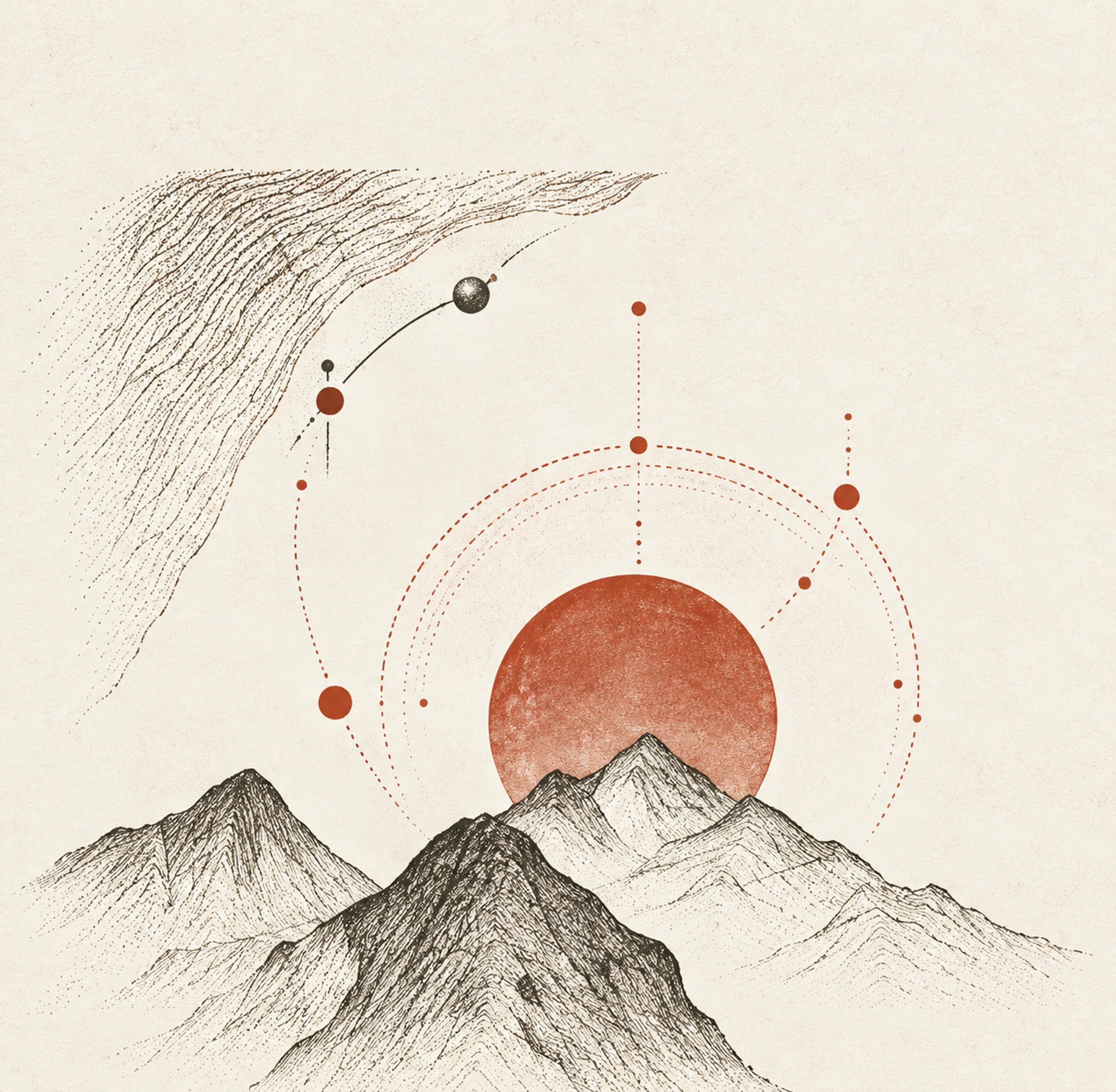 Fine contour mountains beneath a terracotta sun and orbital paths.